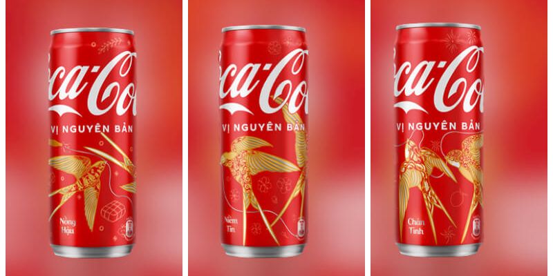 Thiết kế lon Coca-cola phiên bản Tết gồm ba loại tượng trưng cho 3 miền Bắc Trung Nam